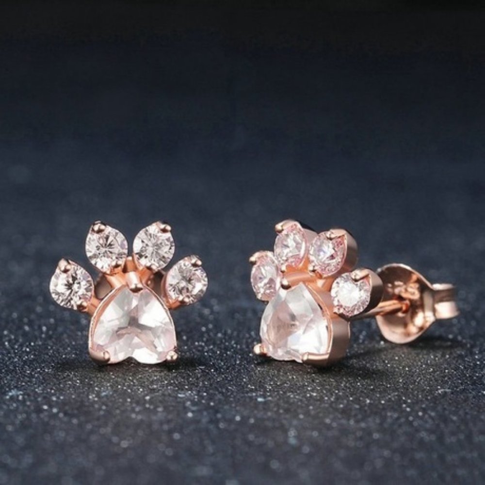 NEW Rose Gold Pink Heart Paw Print Stud Earrings - Picture 5 of 6